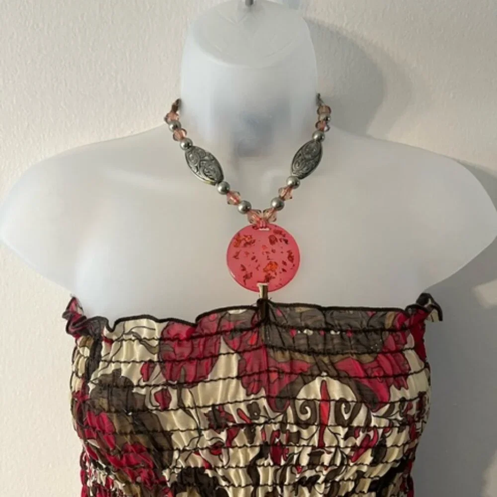 Strapless Smocked Red & Cream Patterned Women’s Jeweled Halter Top - Picture 3 of 8